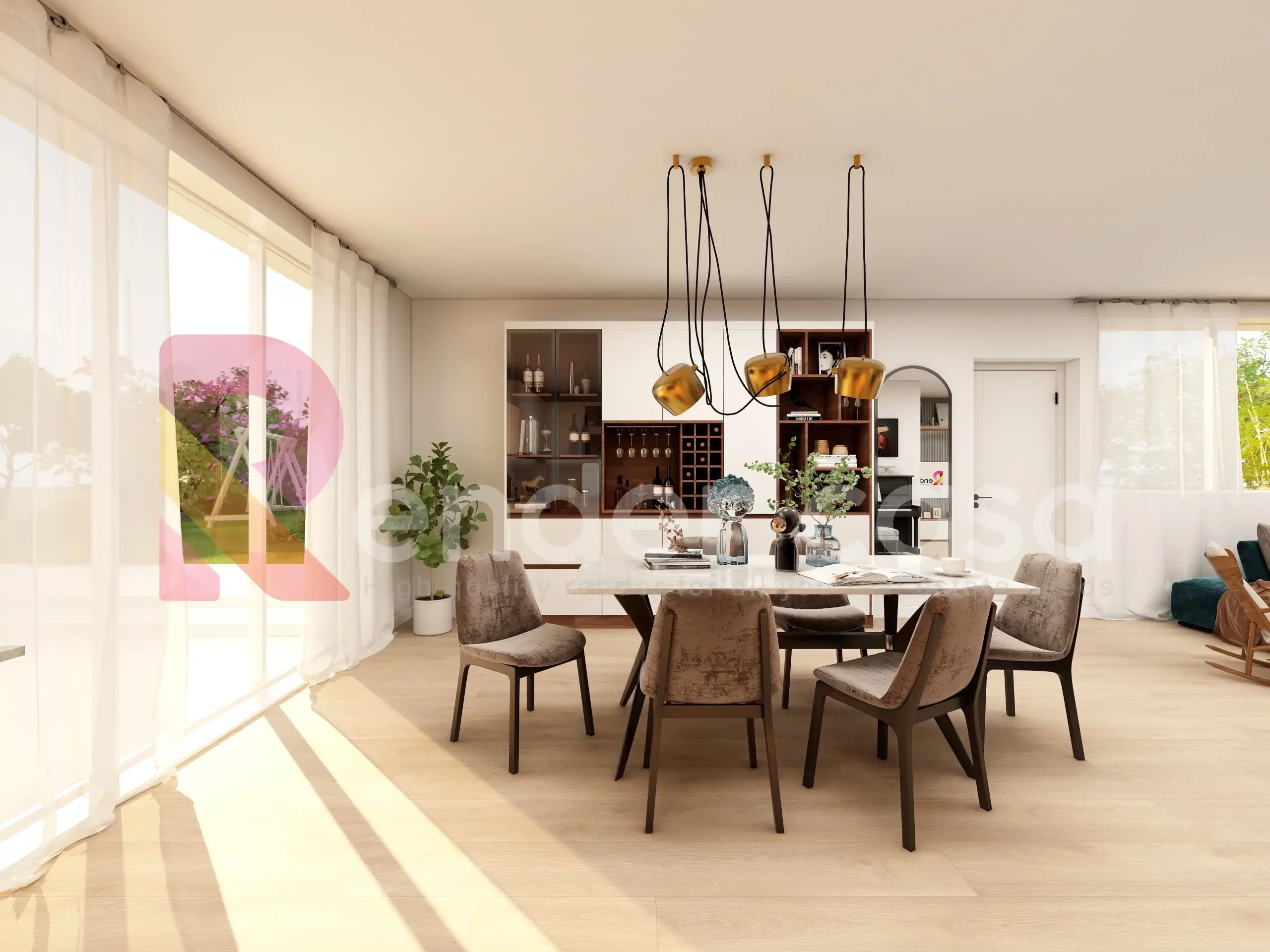 Render con scorcio su giardino Render con scorcio su giardino